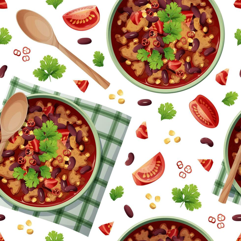Seamless pattern with bean soup. National Mexican food. Suitable for decorating menus, restaurants, flyers, coupons vector