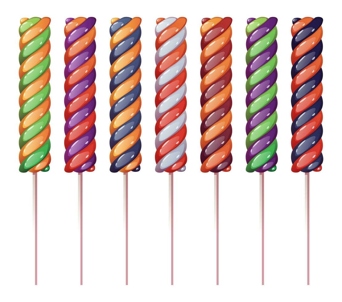 Sweet lollipops with Halloween striped pattern, twisted hard sugar candies on wooden stick. Set of twisted lollipops isolated on white background. vector