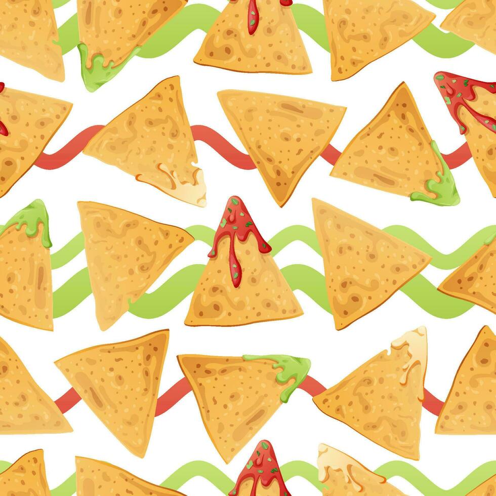 Seamless pattern with nachos on a white background. Traditional Mexican food. Corn chips with salsa. Vector background for wrapping paper, fabric, wallpaper. Latin American food