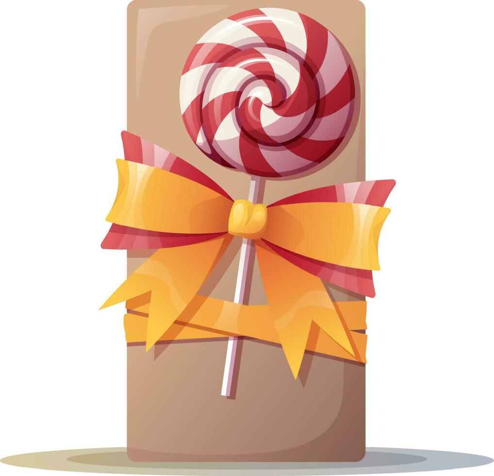 un regalo atado con un cinta y decorado con un pirulí con un espiral modelo. Navidad decoración. contento nuevo caja.año en envase papel con dulces vector