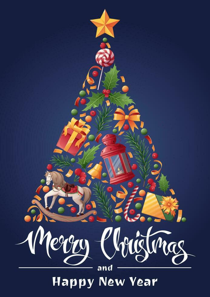 invierno nuevo año tarjeta. Navidad árbol desde un Navidad decoración en un azul antecedentes. festivo diseño para saludo tarjeta, bandera, póster, invitación. vector ilustración.