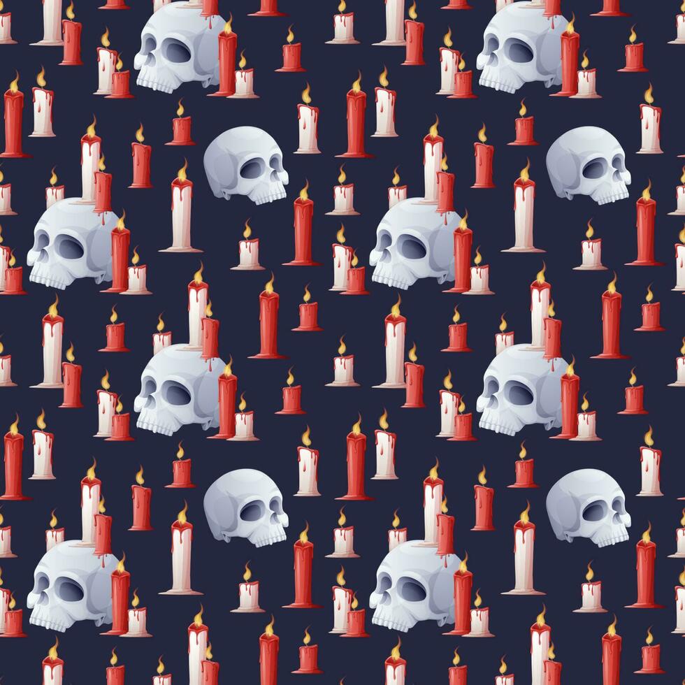 Seamless pattern for Halloween with a skull and candles on a dark background. Suitable for wrapping paper, wallpapers, textiles. vector