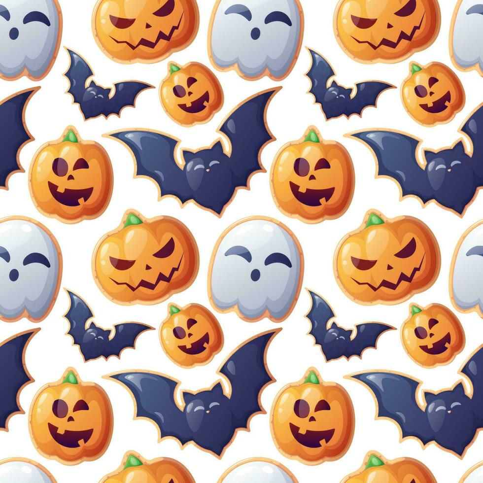 Seamless pattern with Halloween sweets. Cookies in the form of a ghost, a bat, a pumpkin. Trick or treat. Festive texture great for wrapping paper, wallpaper, fabric, etc. vector