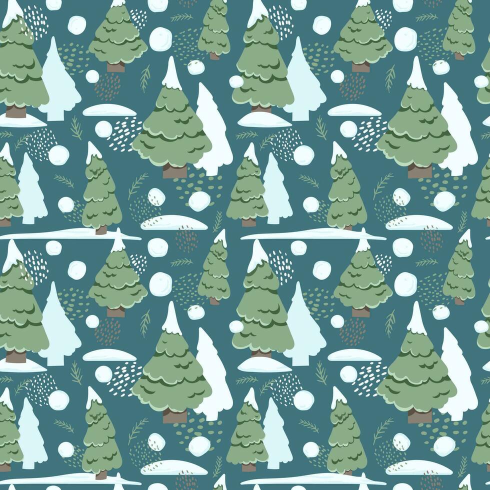 Vector pattern with fir trees in the snow on a blue background. Cute illustration for the decor of children s books, postcards, textiles, fabrics, clothes, etc