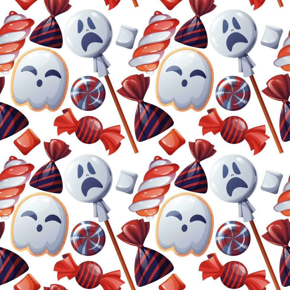 Seamless pattern with Halloween sweets. Ghost cookies, candy, lollipop, marshmallow. Trick or treat. Festive texture great for wrapping paper, wallpaper, fabric, etc. vector