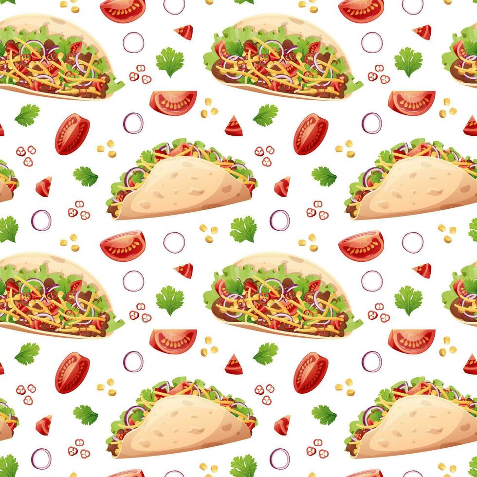 Seamless pattern with tacos. Texture with traditional mexican food. Great for wallpapers, menu decor, restaurants. vector