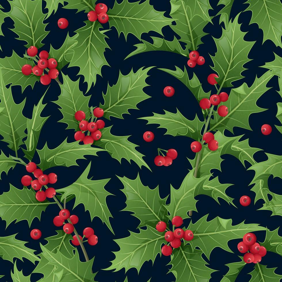 Christmas seamless pattern with holly branches on a dark background. Christmas mood. Suitable for wrapping paper, wallpaper, textile vector