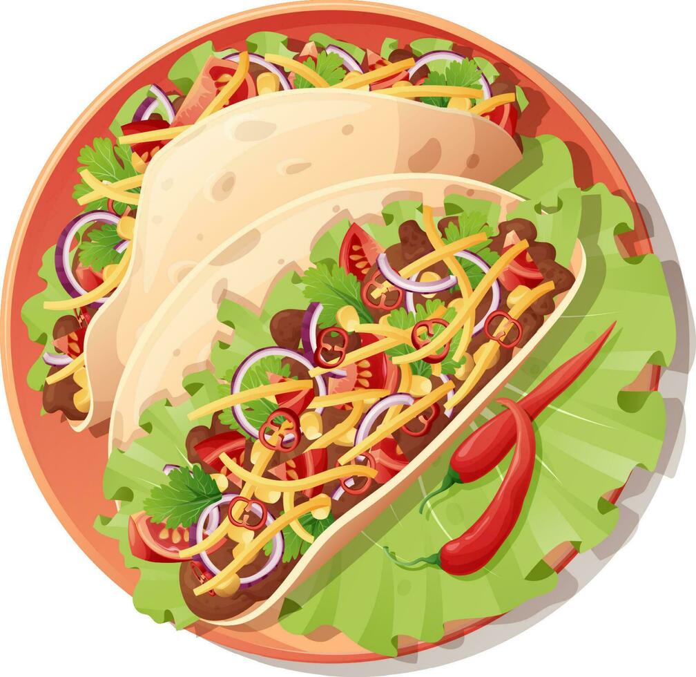 Tasty Mexican is on a plate. Traditional Mexican foodTortillas with a filling on an isolated background. Corn cake with meat with tomatoes, cheese, salad, pepper, onion, guacamole sauce. vector