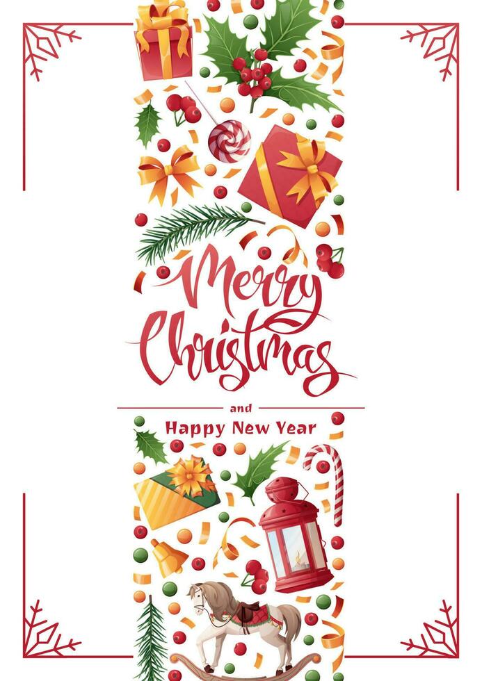 Christmas card with festive decor on a white background. Poster with elements of New Year s decor gifts, holly, lantern, spruce, etc. Suitable for invitations, postcards, banners, posters. vector