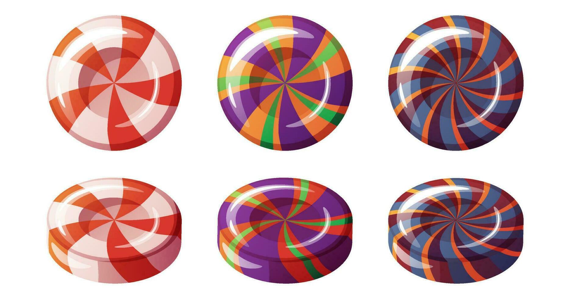 Round lollipops with spiral patterns in Halloween colors on an isolated background. A set of sweets for decor, design, etc. vector