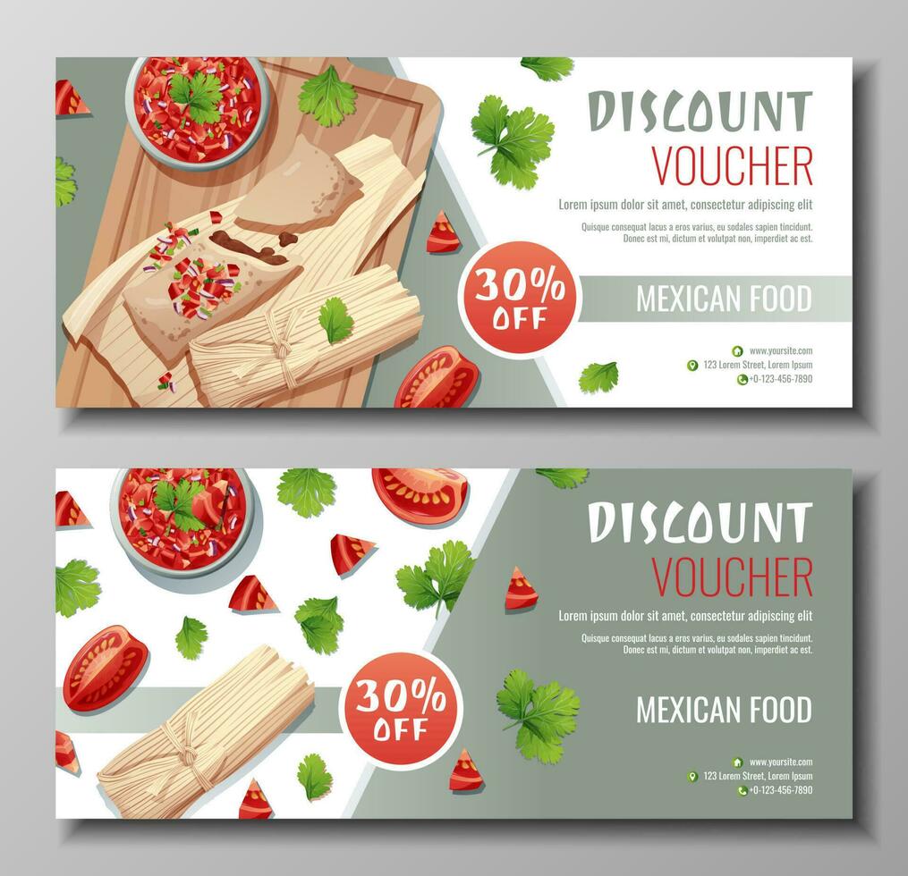 Discount voucher, mexican food template design. Coupon set with tamales and salsa sauce. Banner, poster, flyer, advertising for a restaurant vector