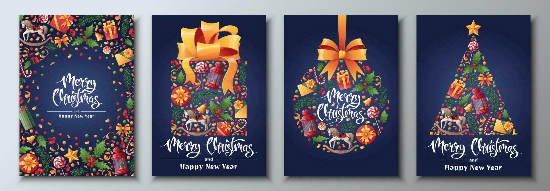 Set of Christmas and New Year cards with festive decor. Christmas ball, tree, gift. Great for invitations, cards, posters, banners. vector