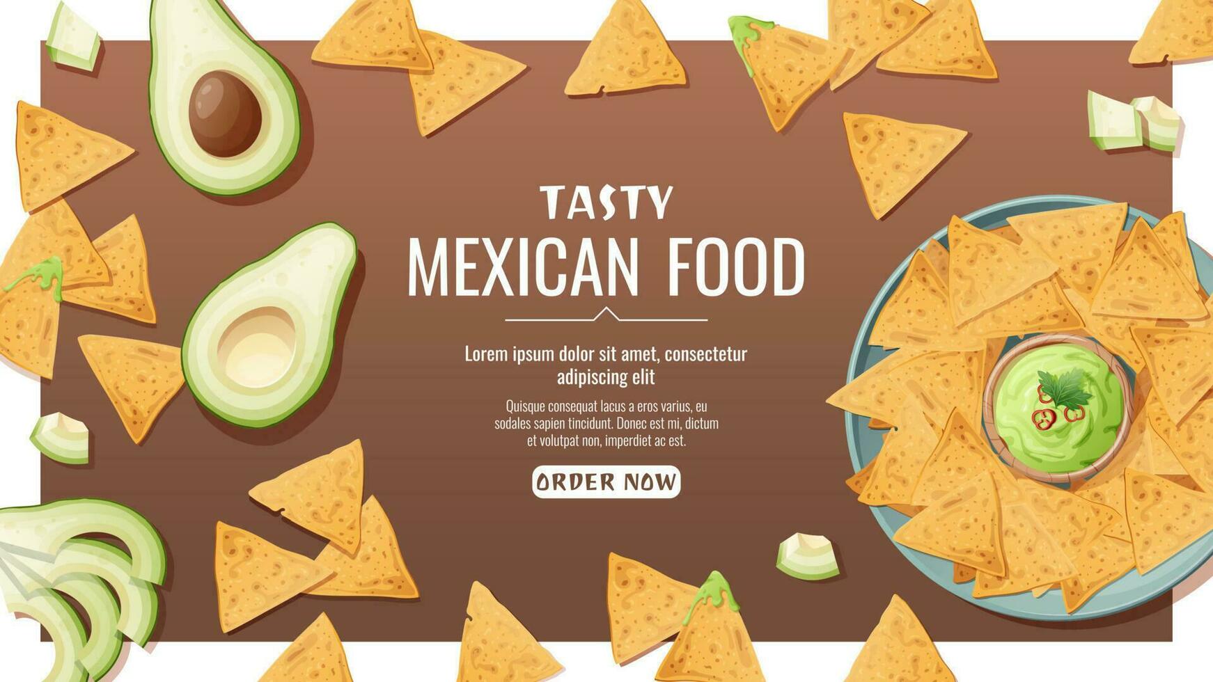 Banner with nachos with guacamole sauce. National Mexican food. Tasty and healthy food, cooking, menu. Online food order. vector