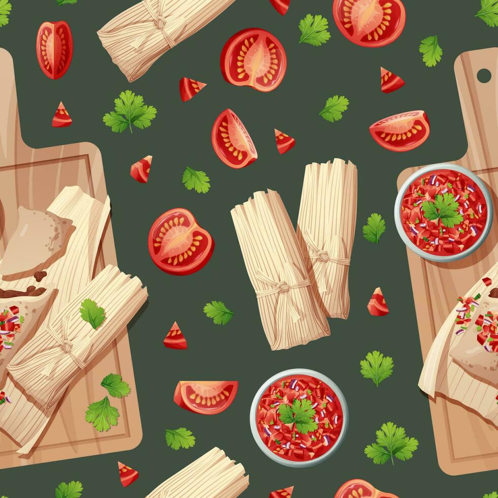 Seamless pattern with tamales and salsa. National Mexican food. Suitable for decorating menus, restaurants, flyers, coupons vector