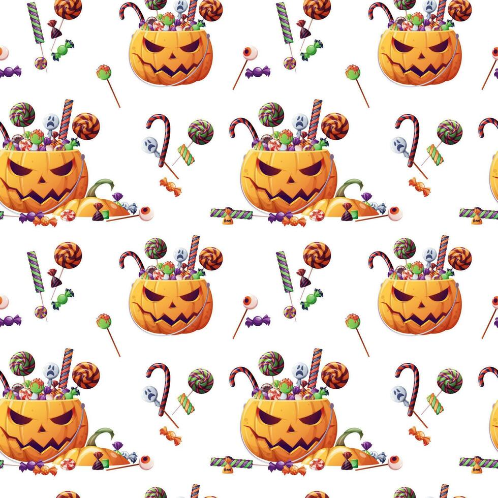 Seamless pattern with Halloween sweets and pumpkin on a white background. Trick or treat. Seamless texture for wrapping, textile, wallpaper, etc. vector