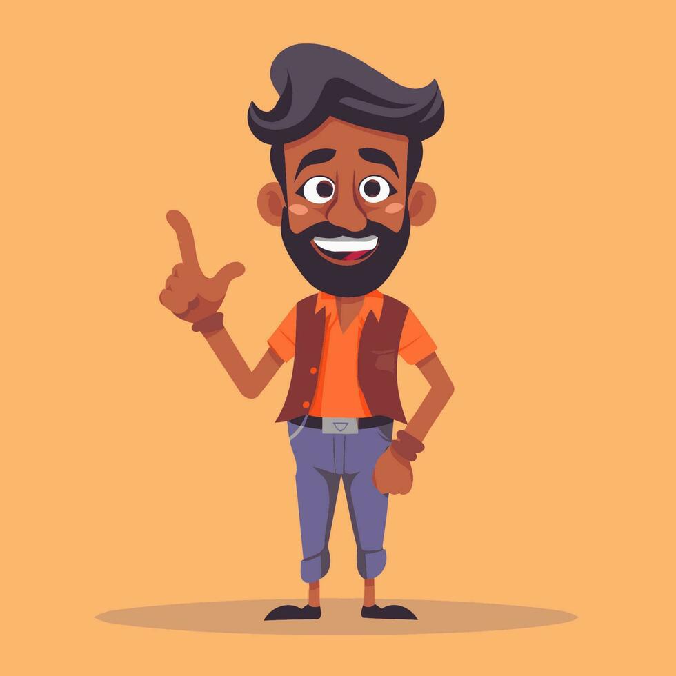 Indian hipster man showing victory sign. Vector illustration in cartoon style