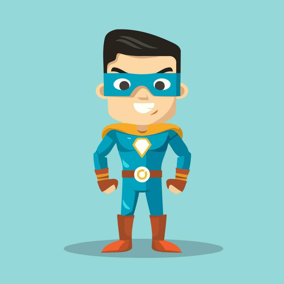 Superhero cartoon character. Vector illustration in a flat style on a blue background.