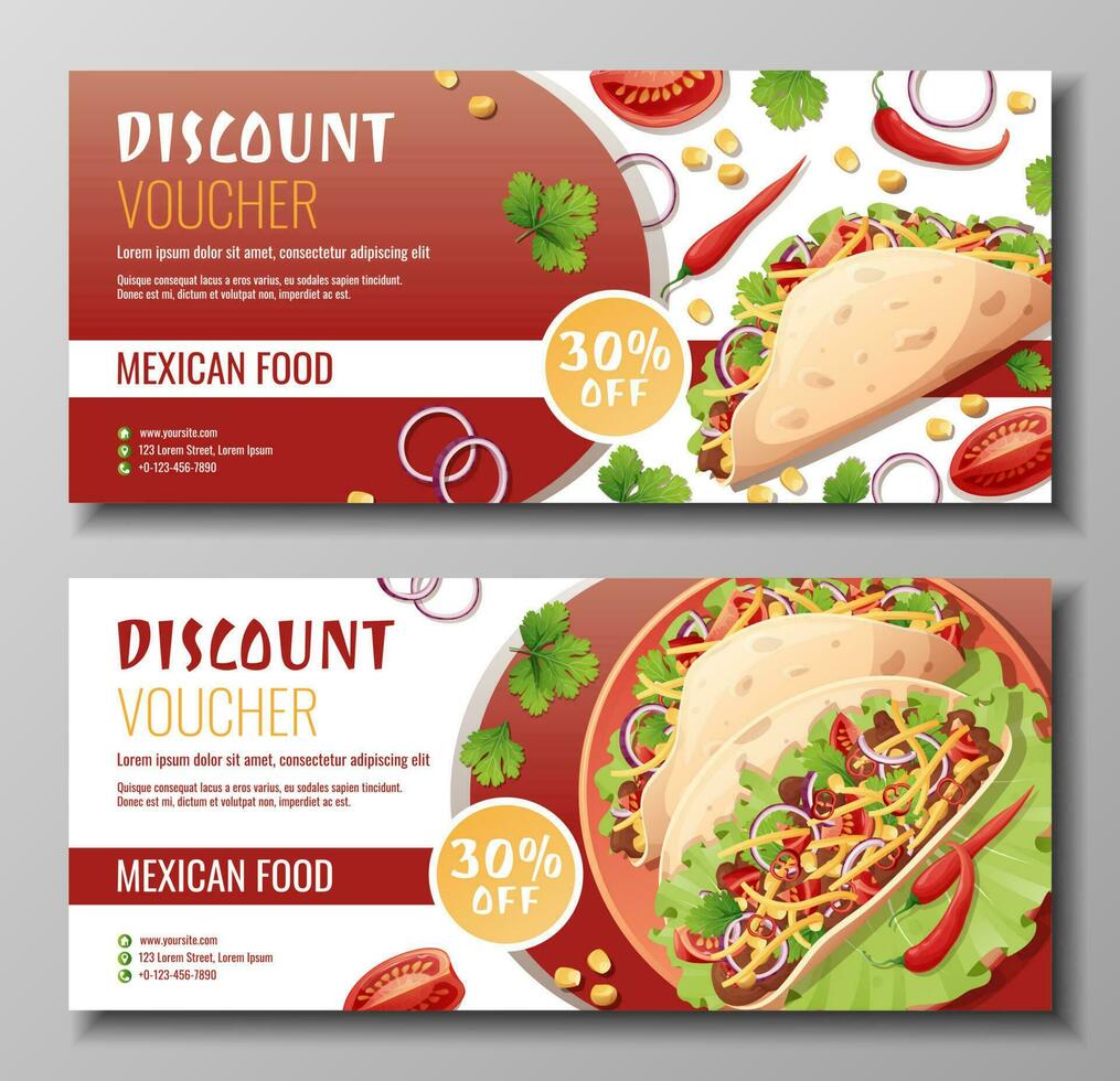 Discount voucher, mexican food template design. Coupon set with tacos with pepper meat, cheese.. Banner, poster, flyer, advertising for a restaurant vector