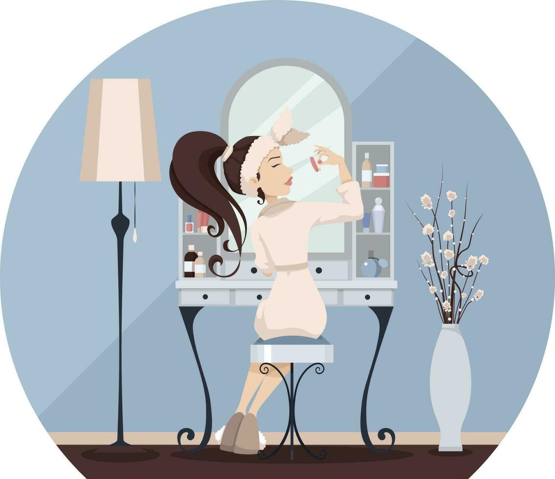 Woman sitting at the dressing table and using makeup. Vector illustration in flat cartoon style.