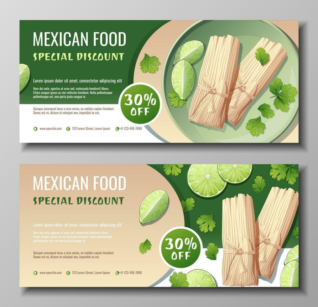 Discount voucher, mexican food template design. Coupon set with tamales and lime and cilantro. Banner, poster, flyer, advertising for a restaurant vector