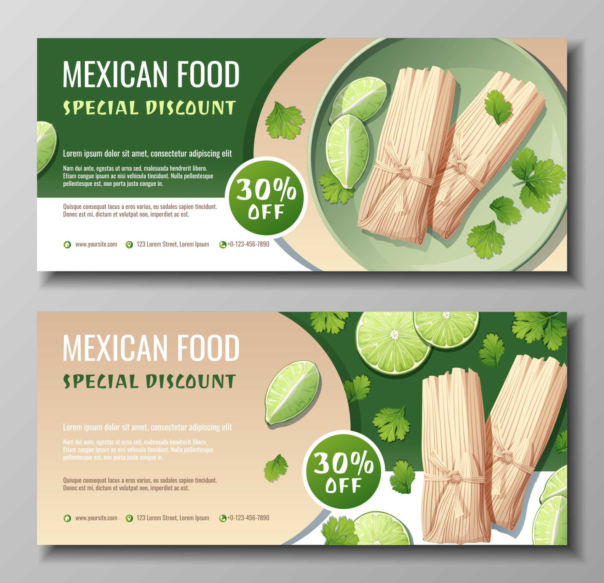 Discount voucher, mexican food template design. Coupon set with tamales