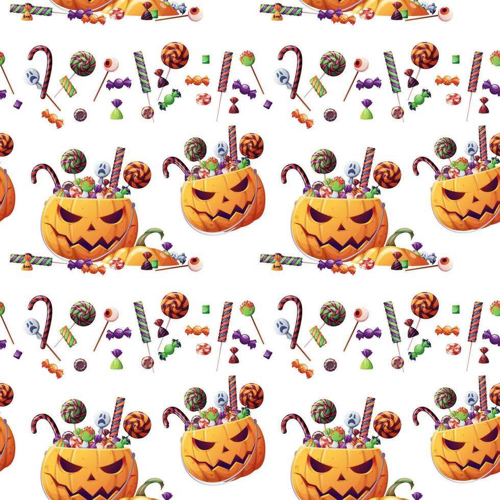 Seamless pattern with Halloween sweets and pumpkin on a white background. Trick or treat. Seamless texture for wrapping, textile, wallpaper, etc. vector