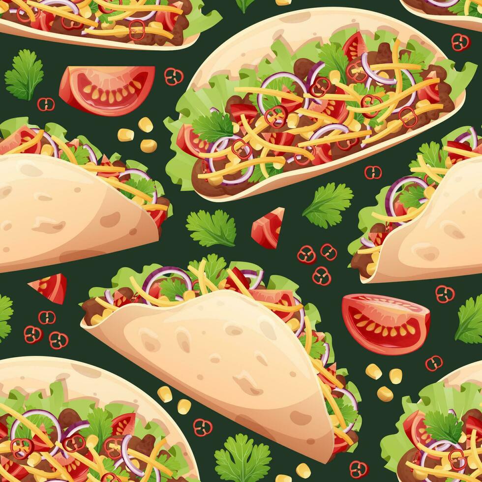 Seamless pattern with tacos. Texture with traditional mexican food. Great for wallpapers, menu decor, restaurants. vector