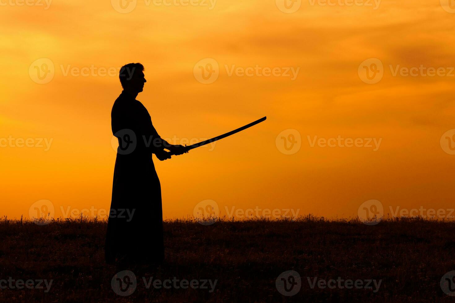 Silhouette of kendo fighter with shinai over the sunset photo