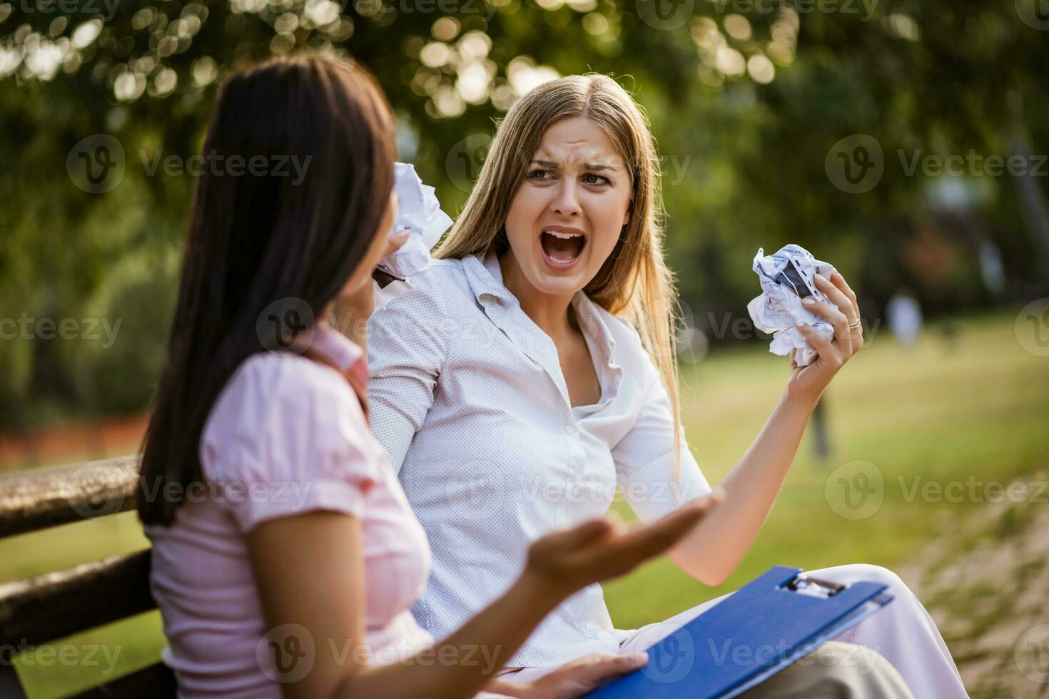 negocio colegas son discutiendo en parque en descanso. foto