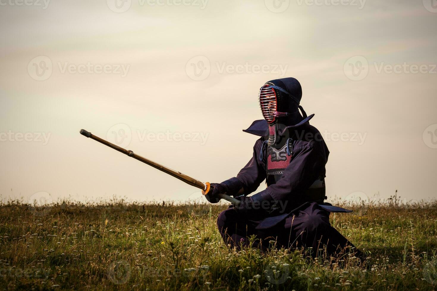 silueta de kendo combatiente con shinai foto