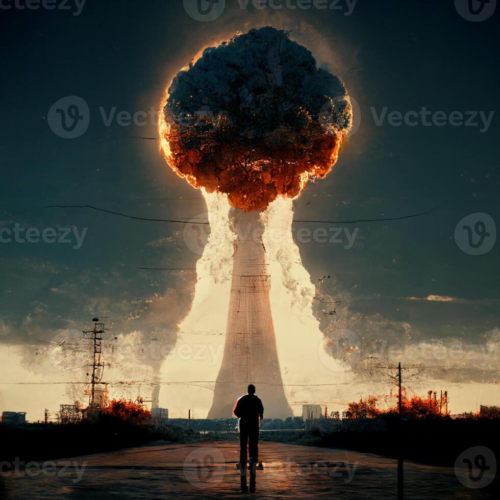 un ciudadano mirando a el nuclear explosión mientras en pie en su pies ai generado foto