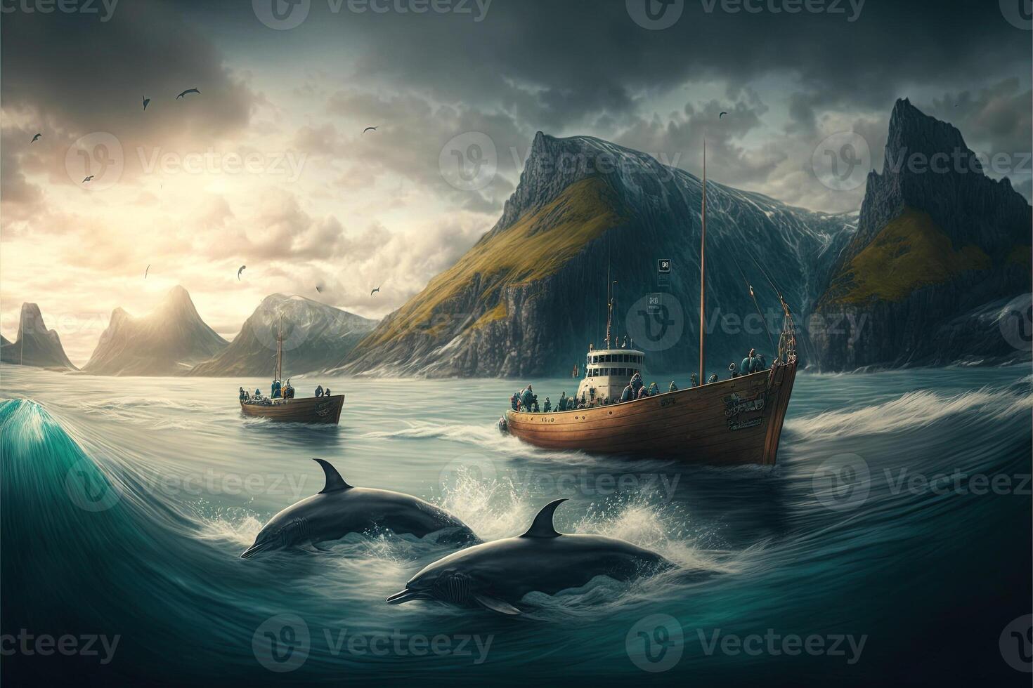 Grindadrap Faer Oer island whaling dolphin and whale hunting illustration photo