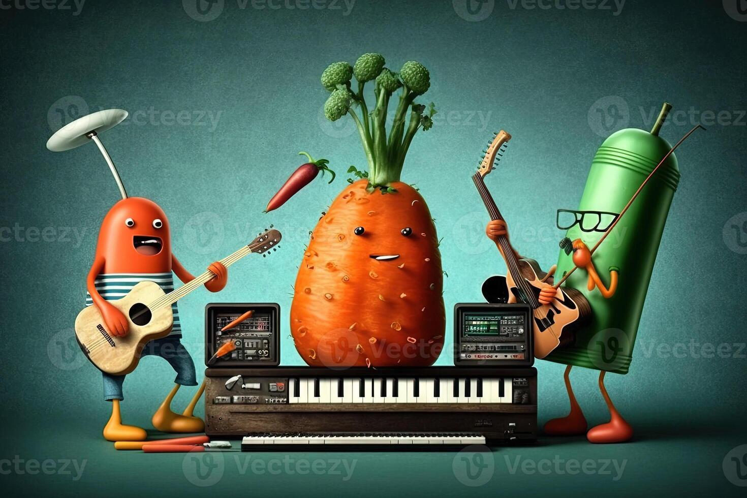 Vegetables rock band play music carrot tomato zucchini illustration photo