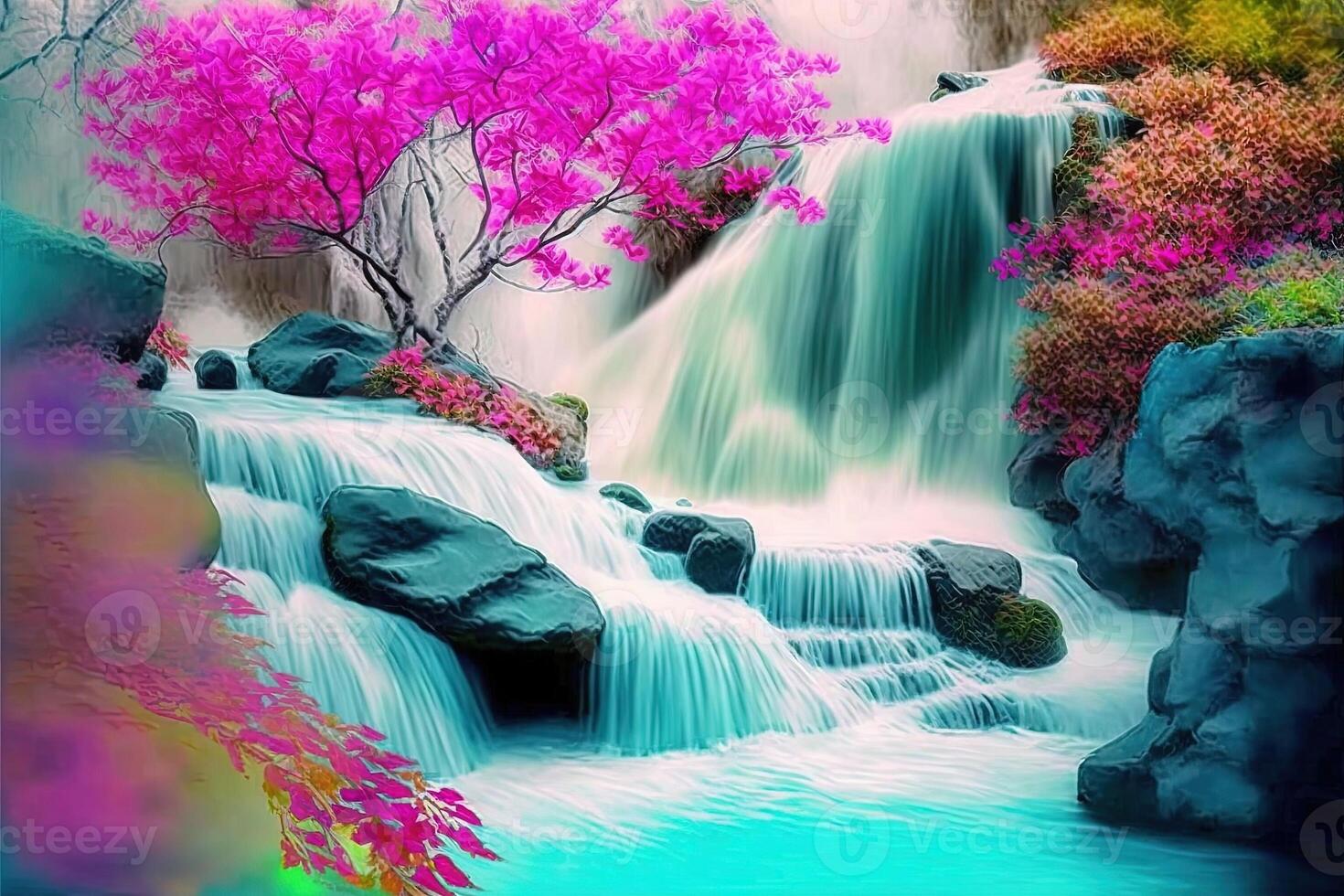 waterfall outdoor with pastel colors of spring illustration photo