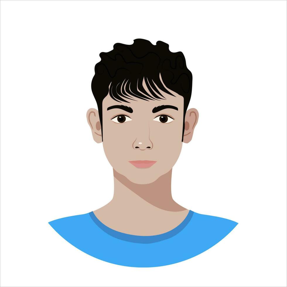 aislado avatar de árabe adolescente en plano estilo. vector retrato de chico con oscuro Rizado corto pelo y oscuro ojos en blanco antecedentes. lata ser usado para social medios de comunicación