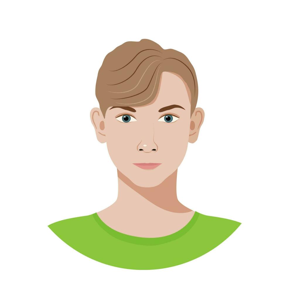 Flat avatar ofteenager on white background. Vector isolated portrait of europian youngster with blond short hair and grey eyes on white background. Perfect for social media