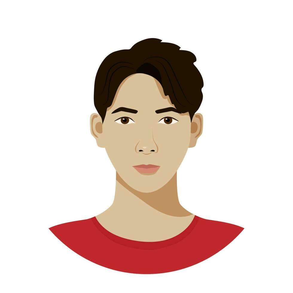 Isolated avatar of asian teenager in flat style. Vector portrait of young man with dark short hair and hazel eyes on white background. Can be used for social media