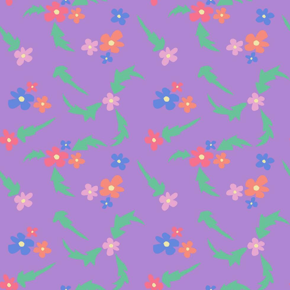 niños papercraft vector floral sin costura modelo. separar plano flores y hojas en pastel colores en Violeta antecedentes. Perfecto para niños textil, fondo de pantalla, envase papel, fondo, interior decoración