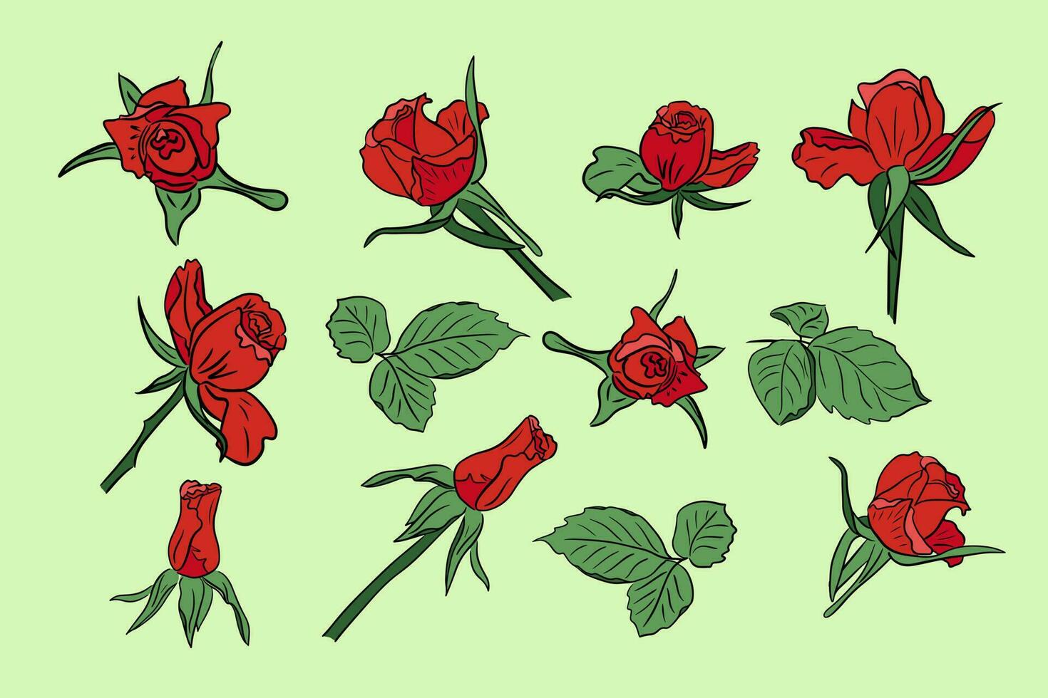 Set of red hand drawn vector roses with leaves. Colored flowers and leaves with black outlines. Isolated illustration. Can be used as stickers, tatoo, pattern, background, wrapping paper, border