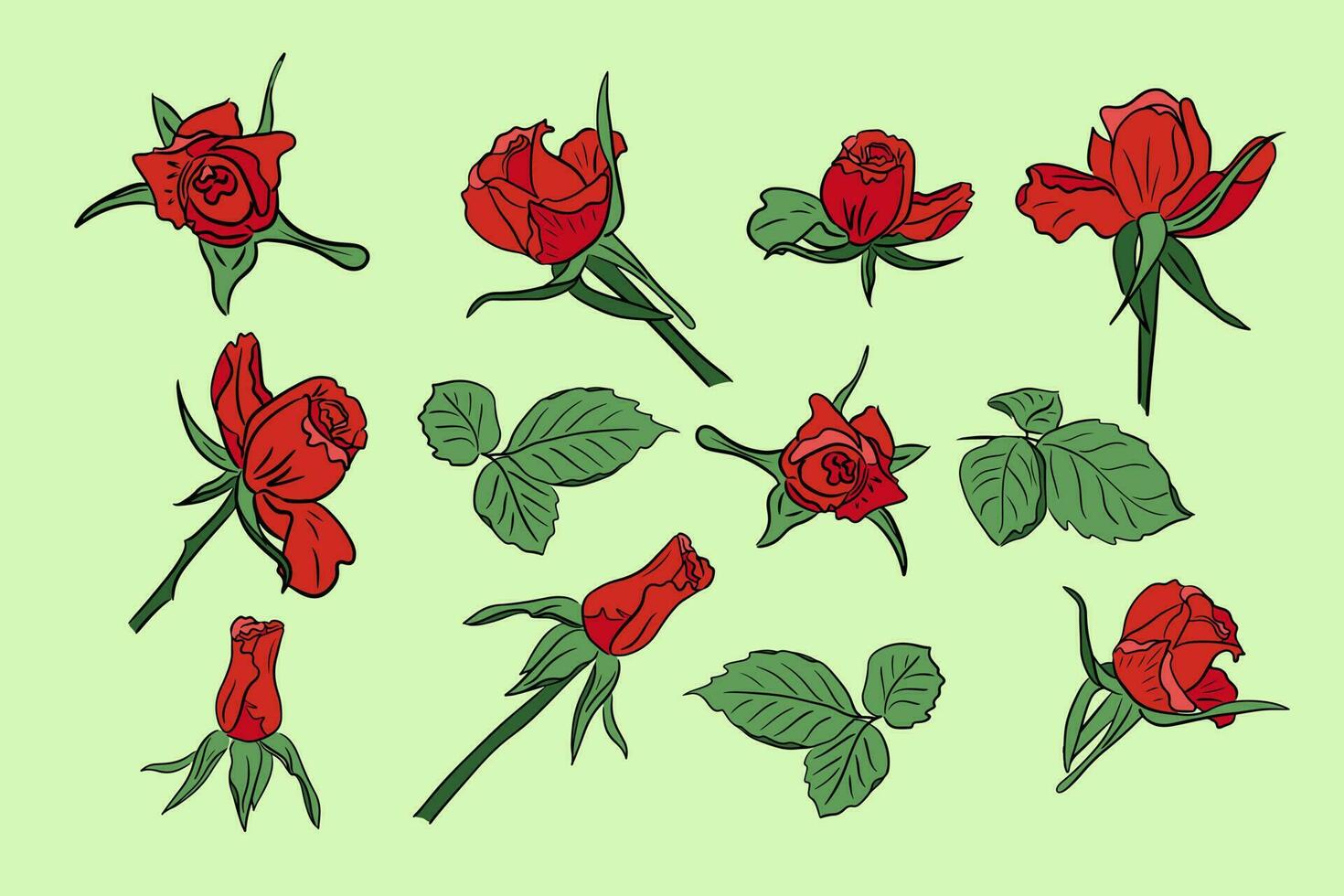 conjunto de rojo mano dibujado vector rosas con hojas. de colores flores y hojas con negro contornos aislado ilustración. lata ser usado como pegatinas, tatuaje, patrón, fondo, envase papel, frontera