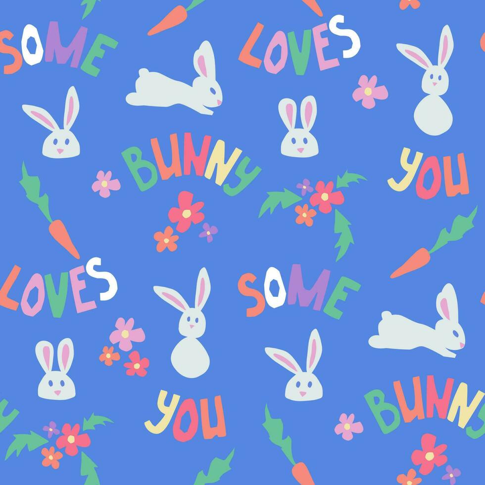 Childish papercraft seamless pattern with rabbits. Cutout text Some Bunny Loves You in pastel colors with flowers and carrots on blue background. Perfect for wallpaper, wrappinf, kids textile vector