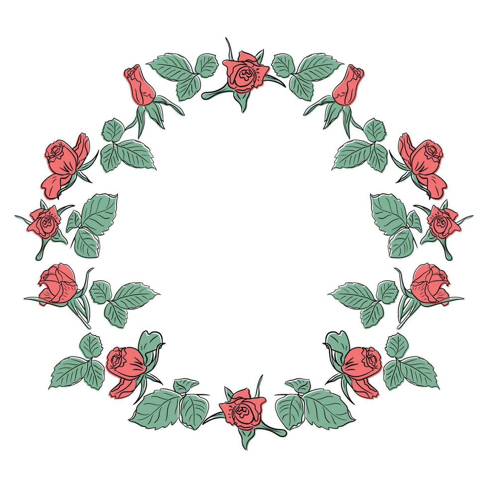 Hand drawn pink and green wreath with roses. Vector unique isolated floral illustration on white background. Perfect for poster, decoration, background, tatoo, greeting card, invitation for wedding