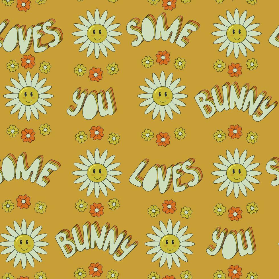 Retro cartoon seamless pattern with text Some bunny loves you. Unique hand drawn vector flat elements on yellow background. Suitable for fabric, wallpaper, wrapping, background, interior decor