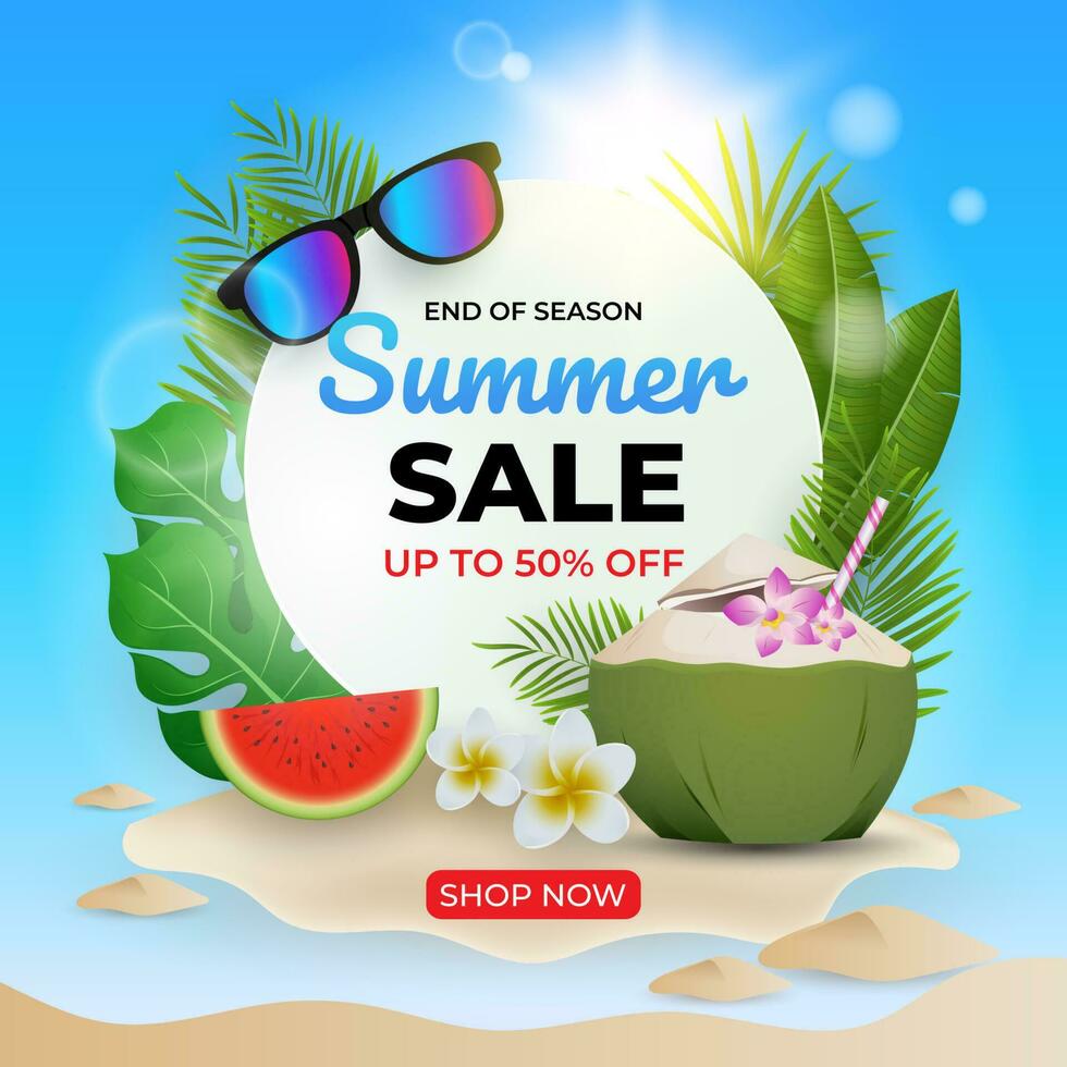 summer sale with beautiful tropical leaves and fruit vector