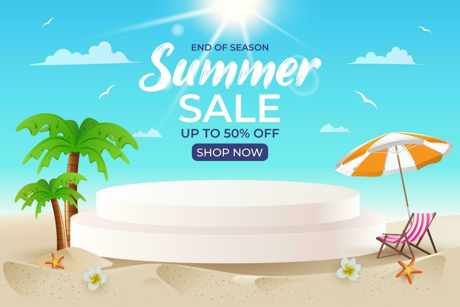 summer sale with podium and beautiful beach vector