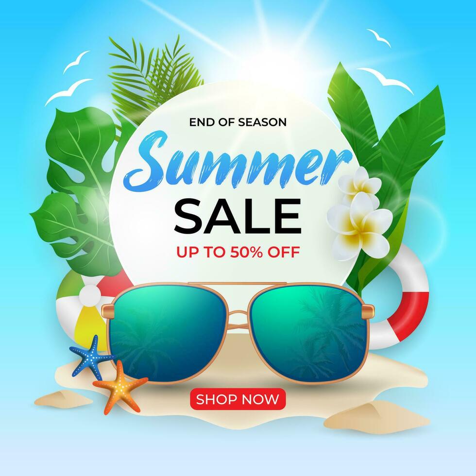 summer sale with beautiful tropical leaves and sunglasses vector