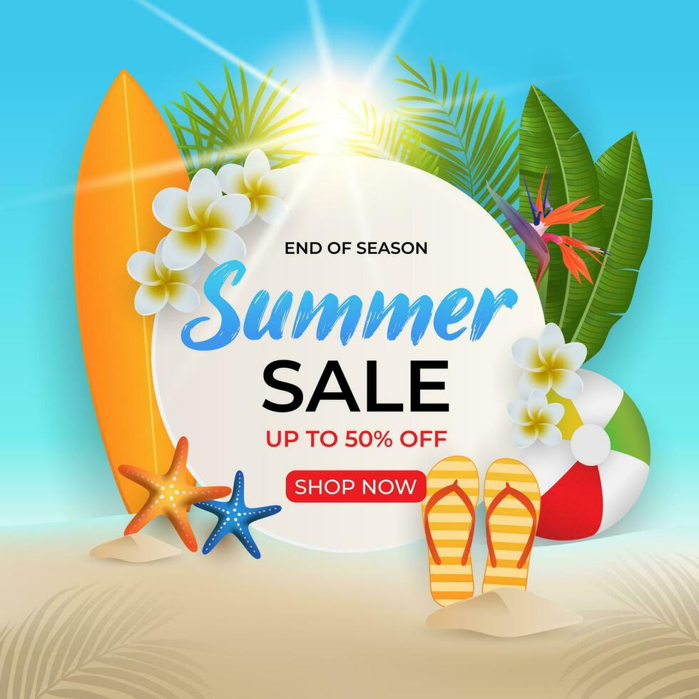 summer sale with beautiful tropical leaves, surfboard, flip flops and ball on sand. vector