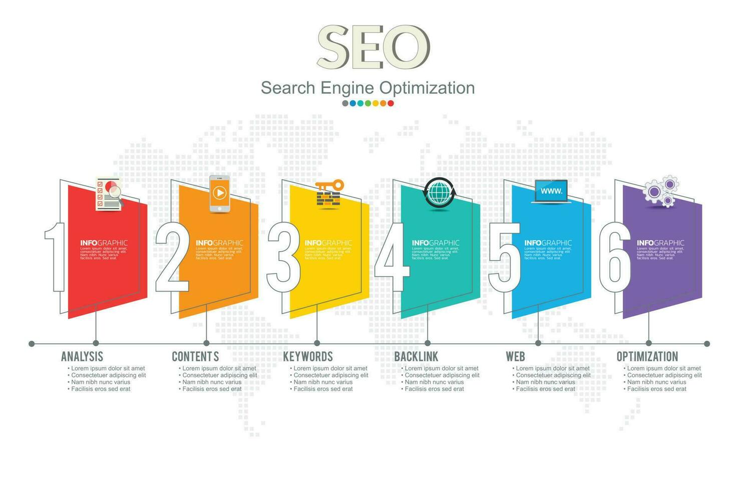 Infographics template seo optimization. SEO Digital Marketing concept with chart and icons