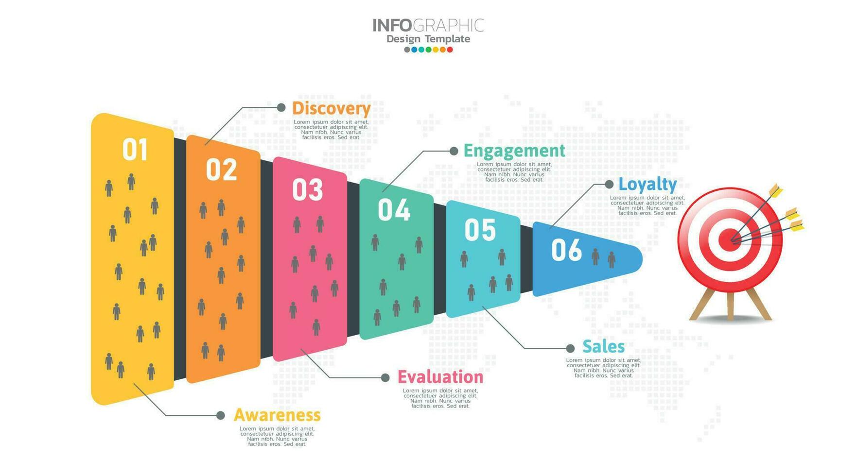 Sales funnel infographic template with 6 steps for marketing and startup business. vector