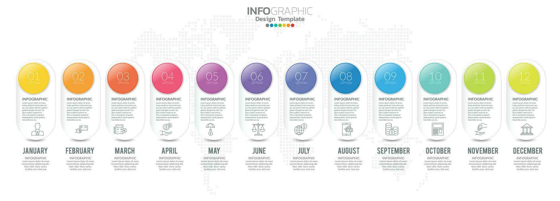 presentación infográfica de línea de tiempo para 1 año 12 meses utilizada para el concepto de negocio con 12 opciones, pasos y procesos. vector